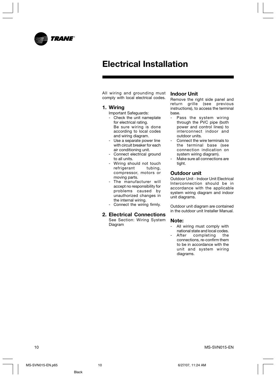 Electrical installation | Trane New Stylus MS-SVN015-EN User Manual | Page 10 / 20