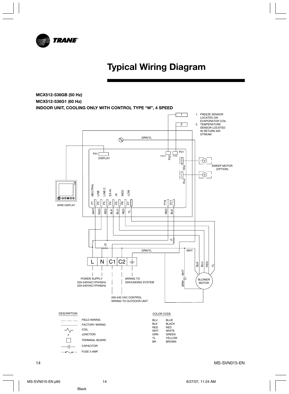 Typical wiring diagram, N c1 c2 l | Trane New Stylus MS-SVN015-EN User Manual | Page 14 / 20