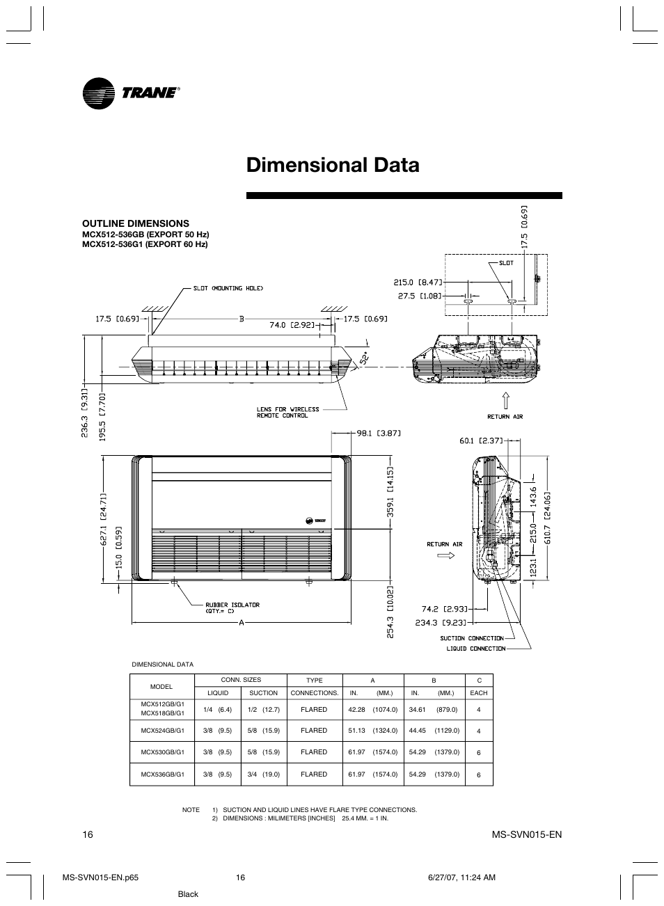 Dimensional data, Outline dimensions | Trane New Stylus MS-SVN015-EN User Manual | Page 16 / 20