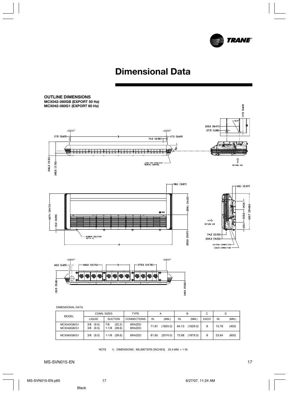 Dimensional data, Outline dimensions | Trane New Stylus MS-SVN015-EN User Manual | Page 17 / 20