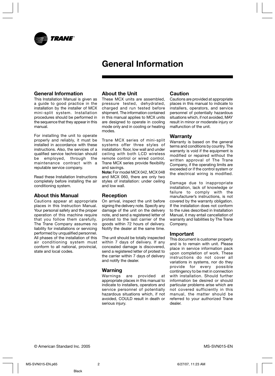General information | Trane New Stylus MS-SVN015-EN User Manual | Page 2 / 20