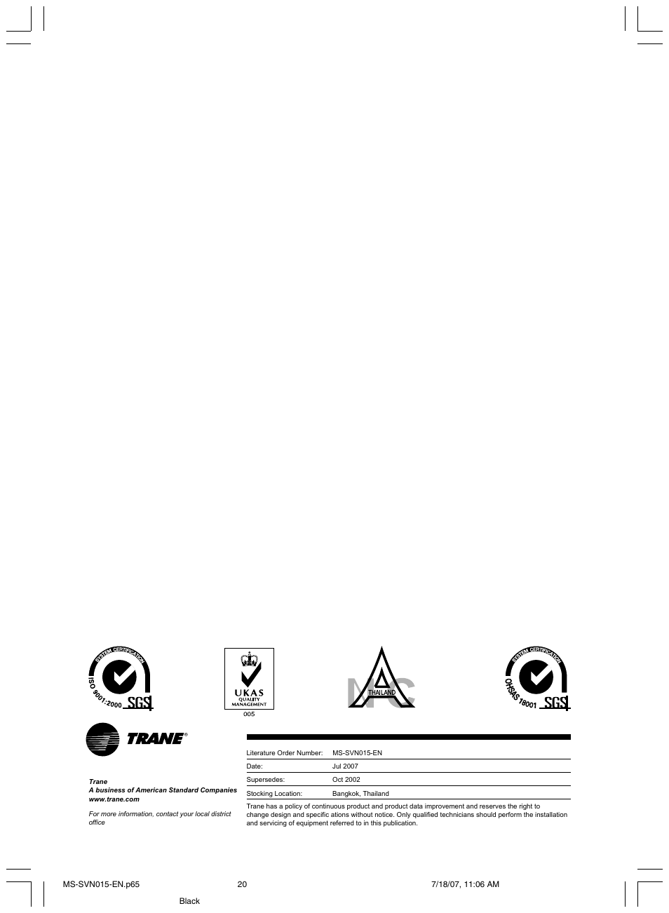 Trane New Stylus MS-SVN015-EN User Manual | Page 20 / 20