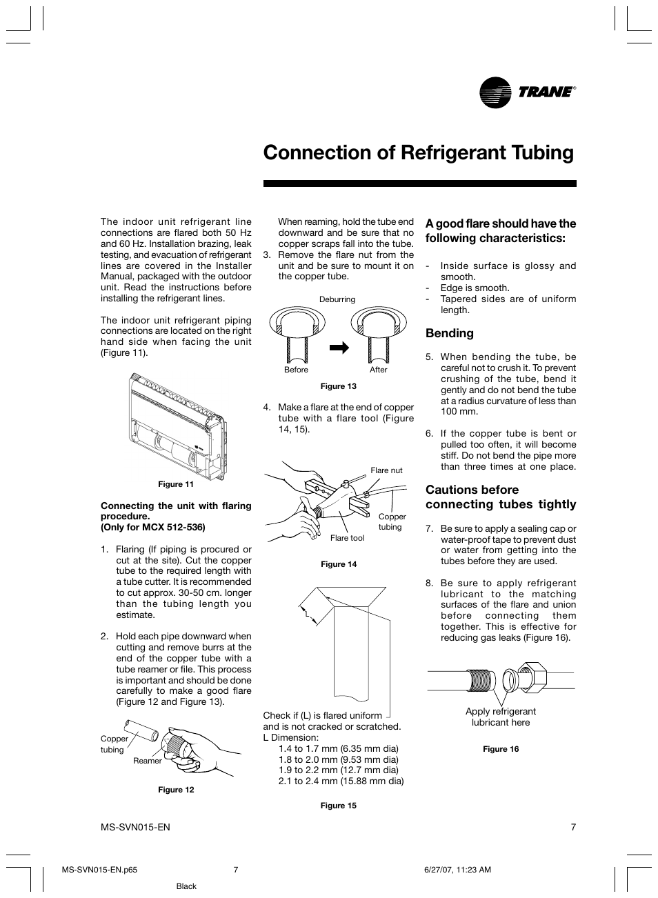 Connection of refrigerant tubing, Bending, Cautions before connecting tubes tightly | Trane New Stylus MS-SVN015-EN User Manual | Page 7 / 20