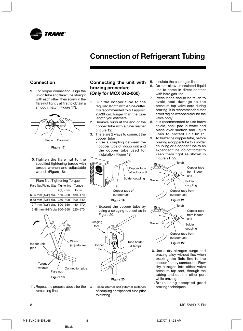 Connection of refrigerant tubing, Connection | Trane New Stylus MS-SVN015-EN User Manual | Page 8 / 20