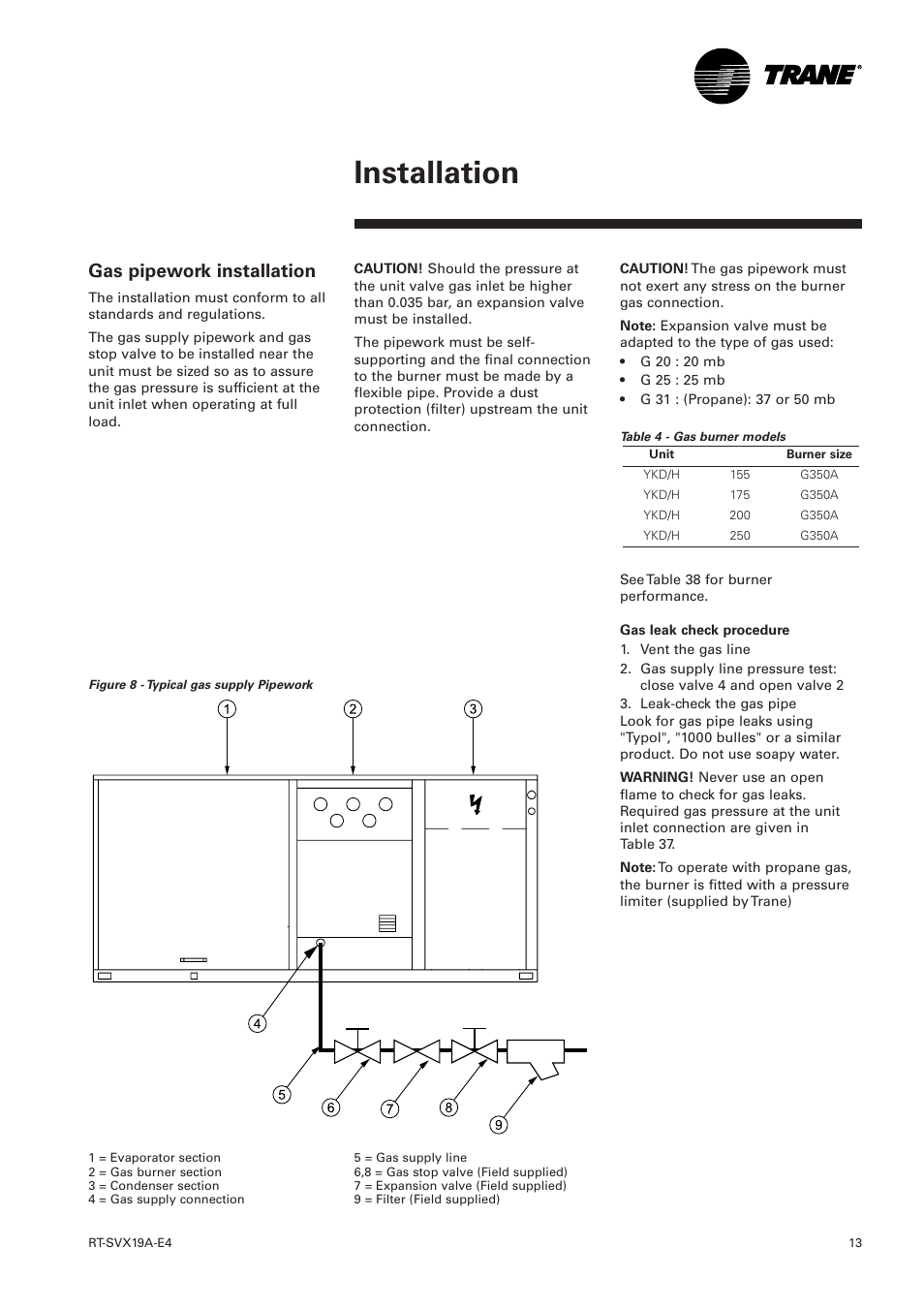 Gas pipework installation, Installation | Trane RT-SVX19A-E4 User Manual | Page 13 / 64