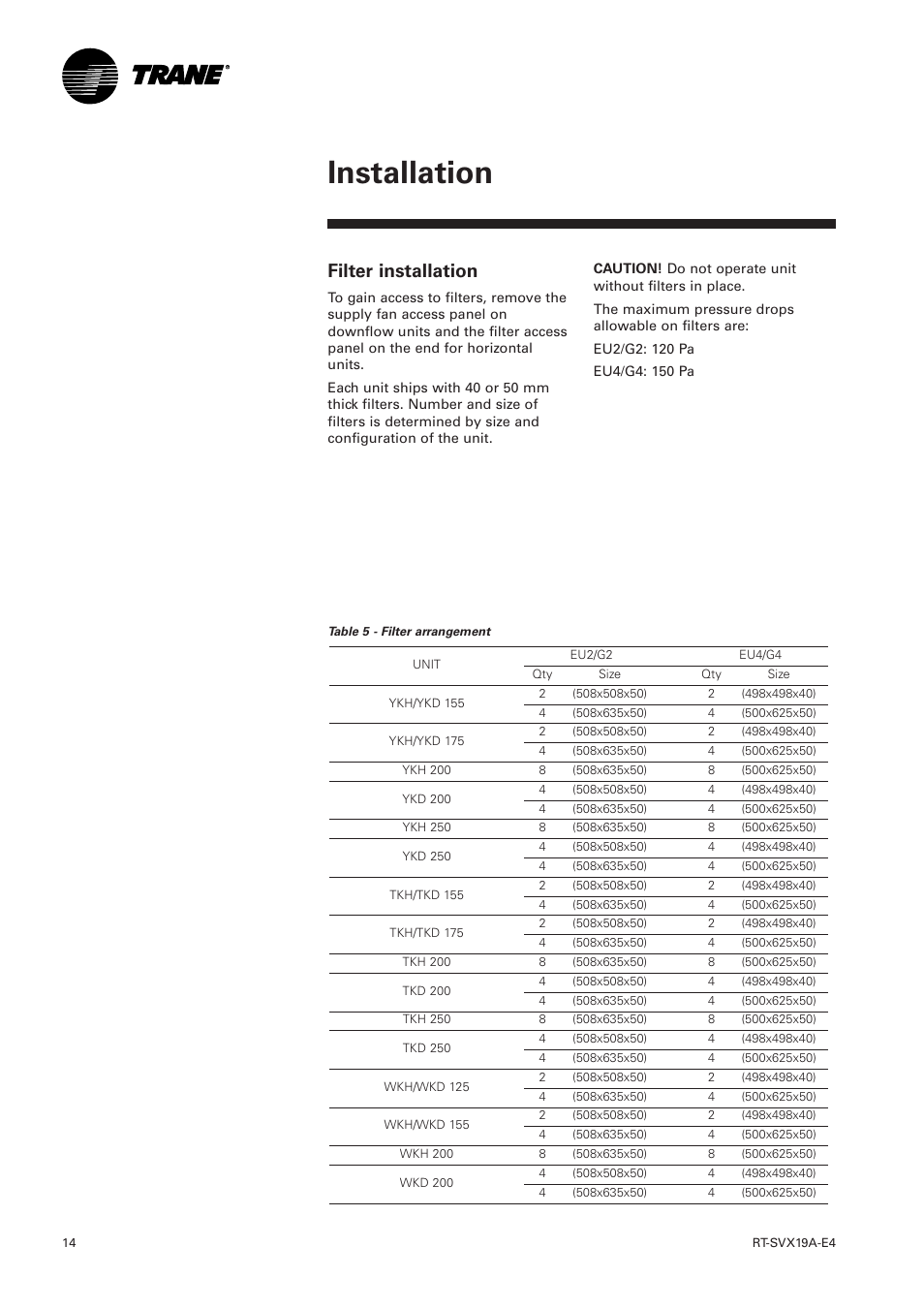 Filter installation, Installation | Trane RT-SVX19A-E4 User Manual | Page 14 / 64