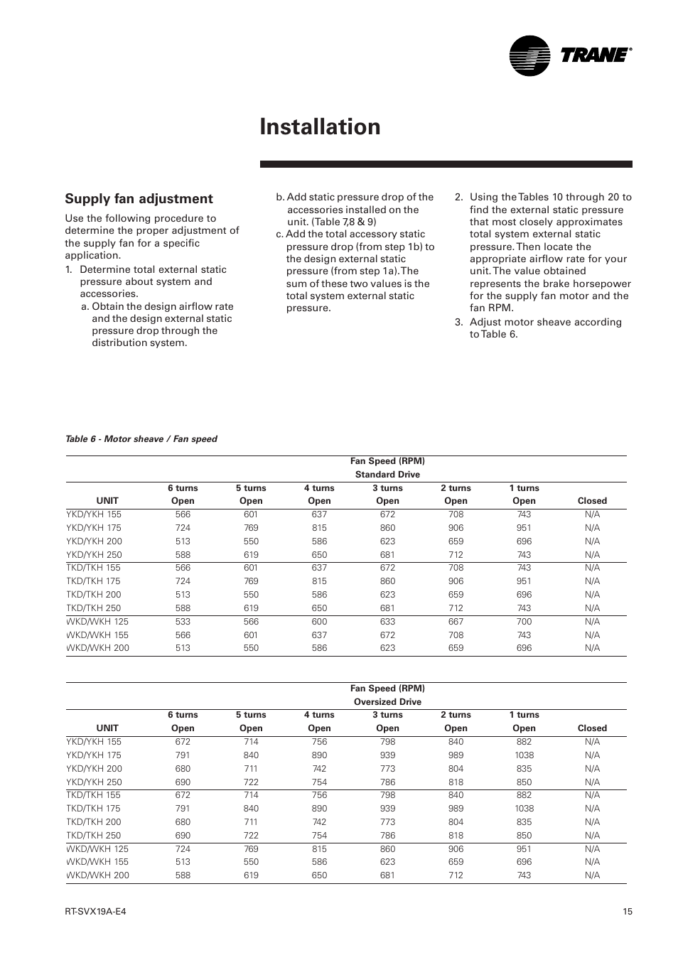 Supply fan adjustment, Installation | Trane RT-SVX19A-E4 User Manual | Page 15 / 64