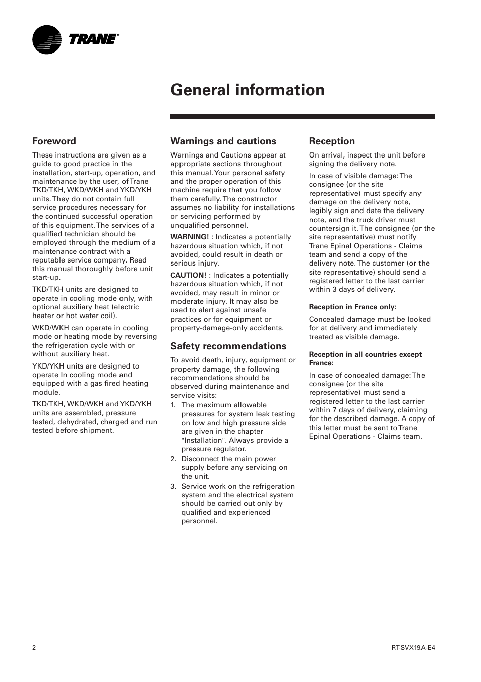 General information, Foreword, Warnings and cautions | Safety recommendations, Reception | Trane RT-SVX19A-E4 User Manual | Page 2 / 64