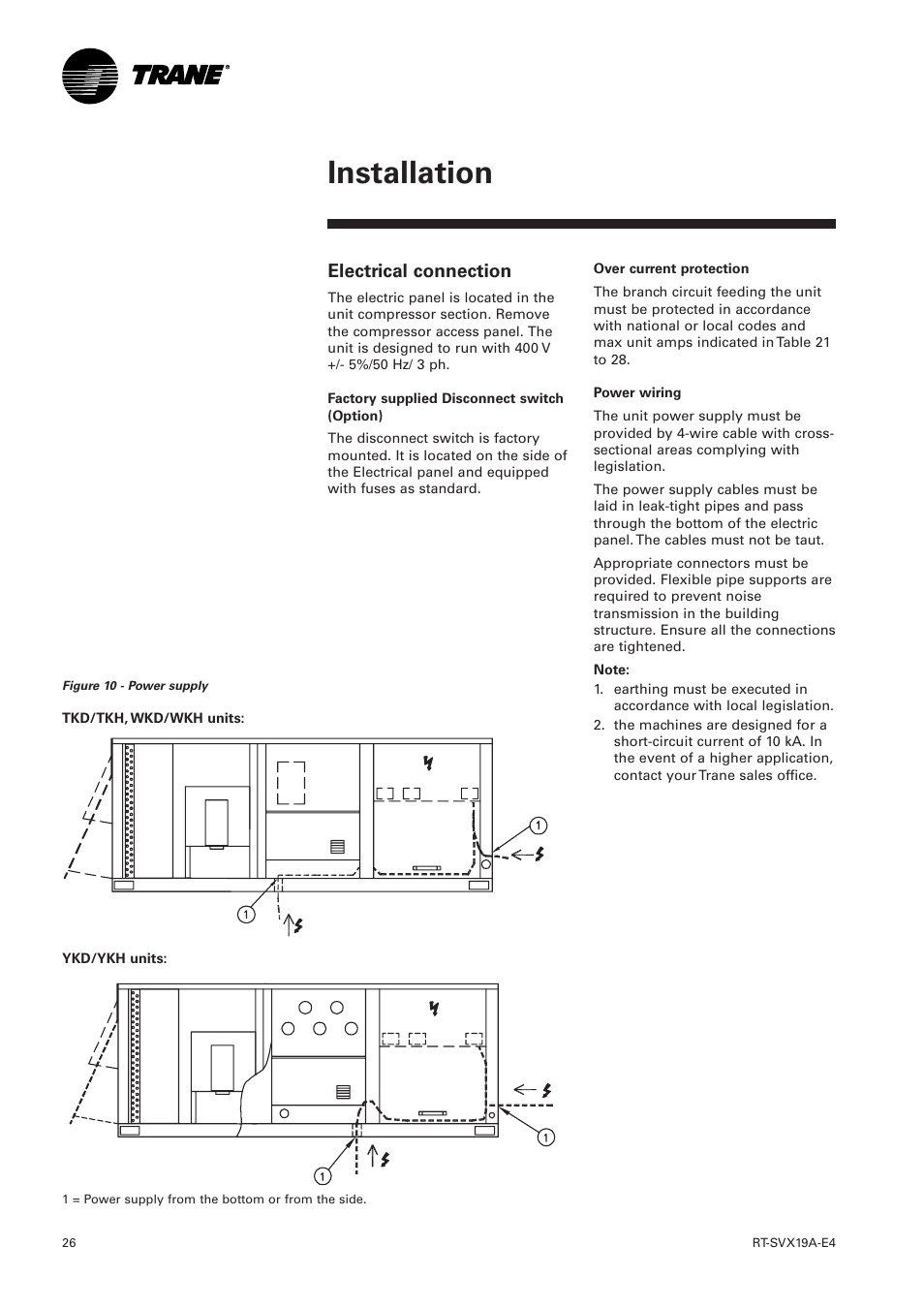 Electrical connection, Installation | Trane RT-SVX19A-E4 User Manual | Page 26 / 64