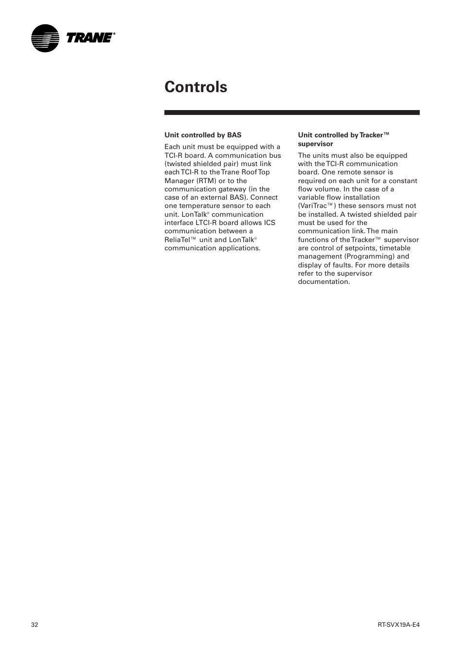 Controls | Trane RT-SVX19A-E4 User Manual | Page 32 / 64
