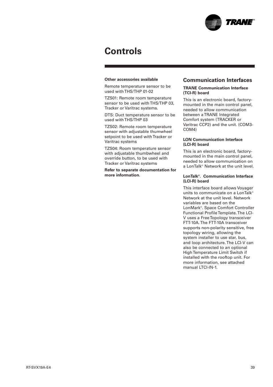 Communication interfaces, Controls | Trane RT-SVX19A-E4 User Manual | Page 39 / 64
