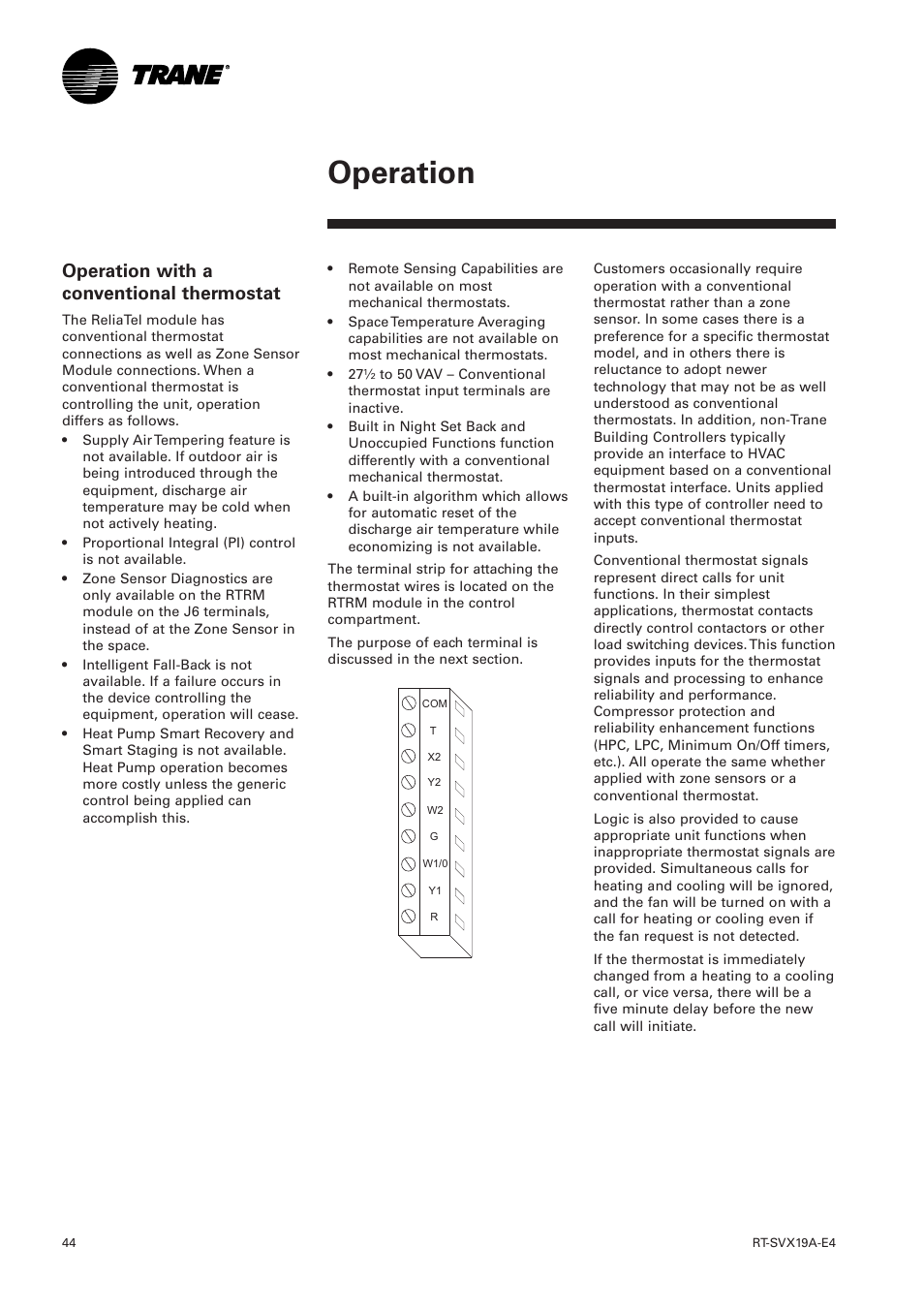 Operation, Operation with a conventional thermostat | Trane RT-SVX19A-E4 User Manual | Page 44 / 64
