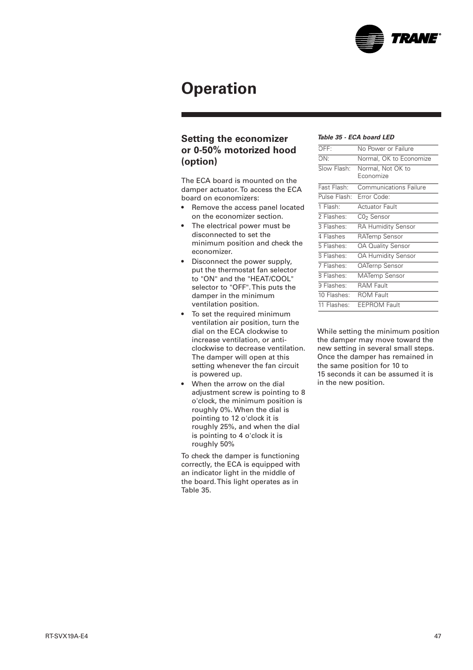 Setting the economizer, Operation | Trane RT-SVX19A-E4 User Manual | Page 47 / 64