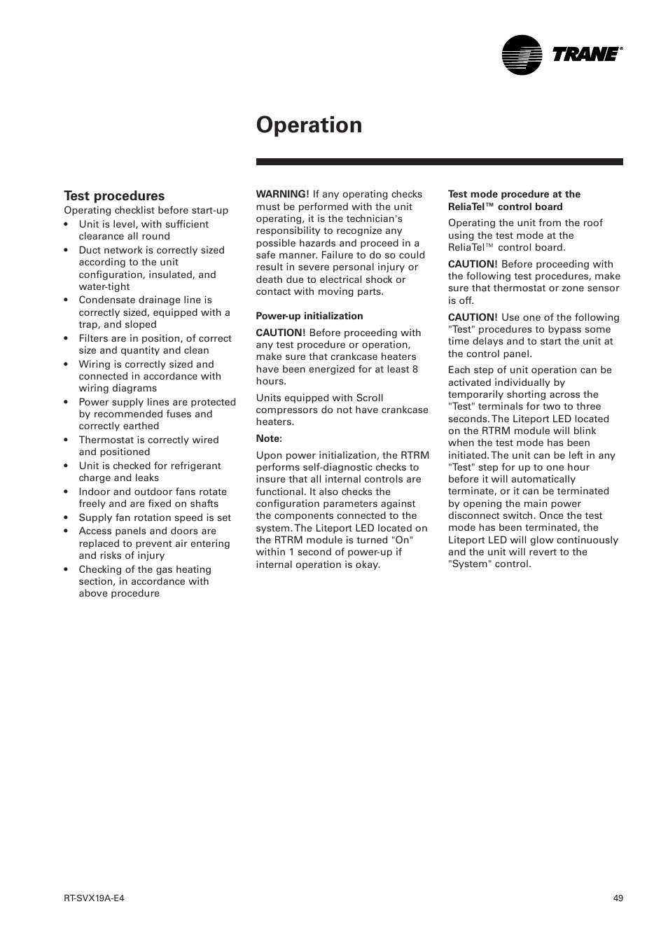 Test procedures, Operation | Trane RT-SVX19A-E4 User Manual | Page 49 / 64