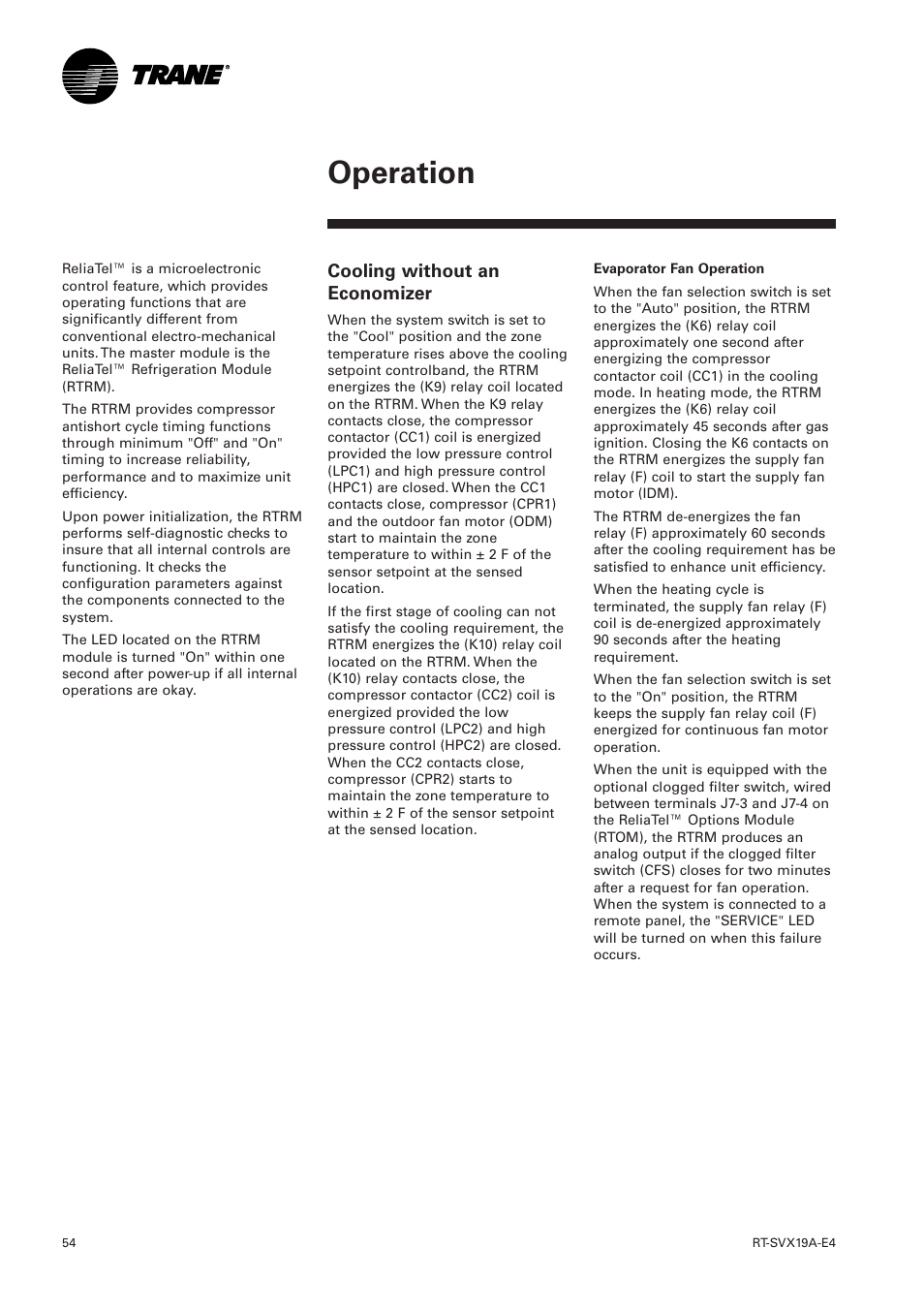 Cooling without an economizer, Operation | Trane RT-SVX19A-E4 User Manual | Page 54 / 64