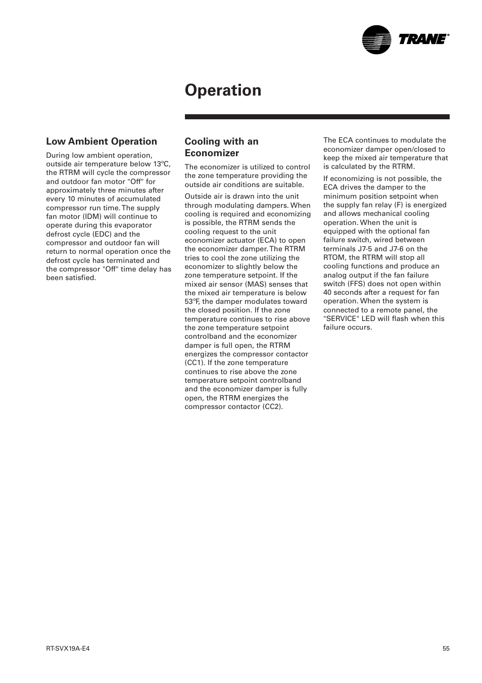 Low ambient operation, Cooling with an economizer, Operation | Trane RT-SVX19A-E4 User Manual | Page 55 / 64