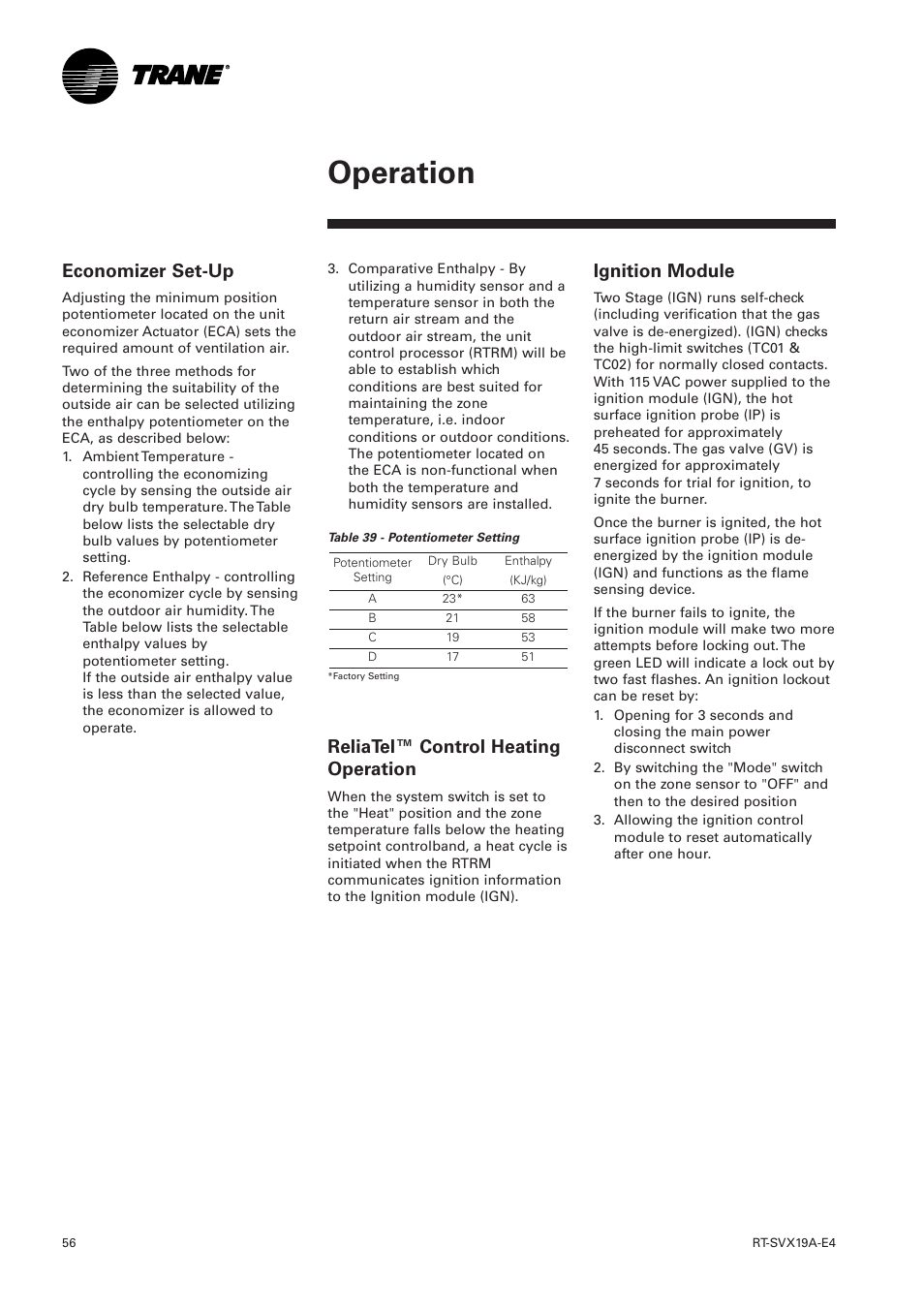Economizer set-up, Reliatel™ control heating operation, Ignition module | Operation | Trane RT-SVX19A-E4 User Manual | Page 56 / 64
