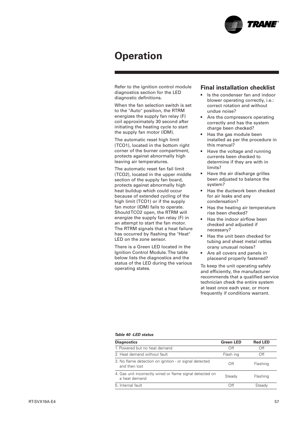 Final installation checklist, Operation | Trane RT-SVX19A-E4 User Manual | Page 57 / 64
