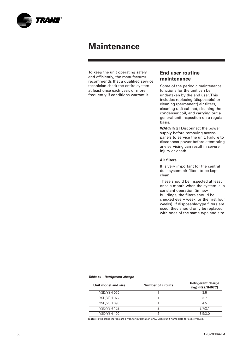 Maintenance, End user routine maintenance | Trane RT-SVX19A-E4 User Manual | Page 58 / 64