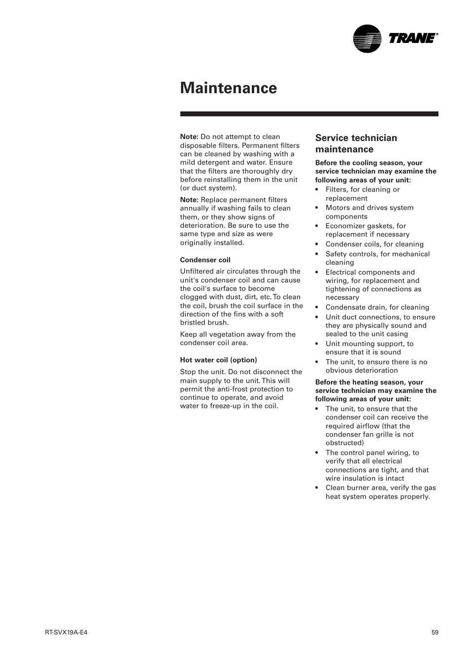 Service technician maintenance, Maintenance | Trane RT-SVX19A-E4 User Manual | Page 59 / 64