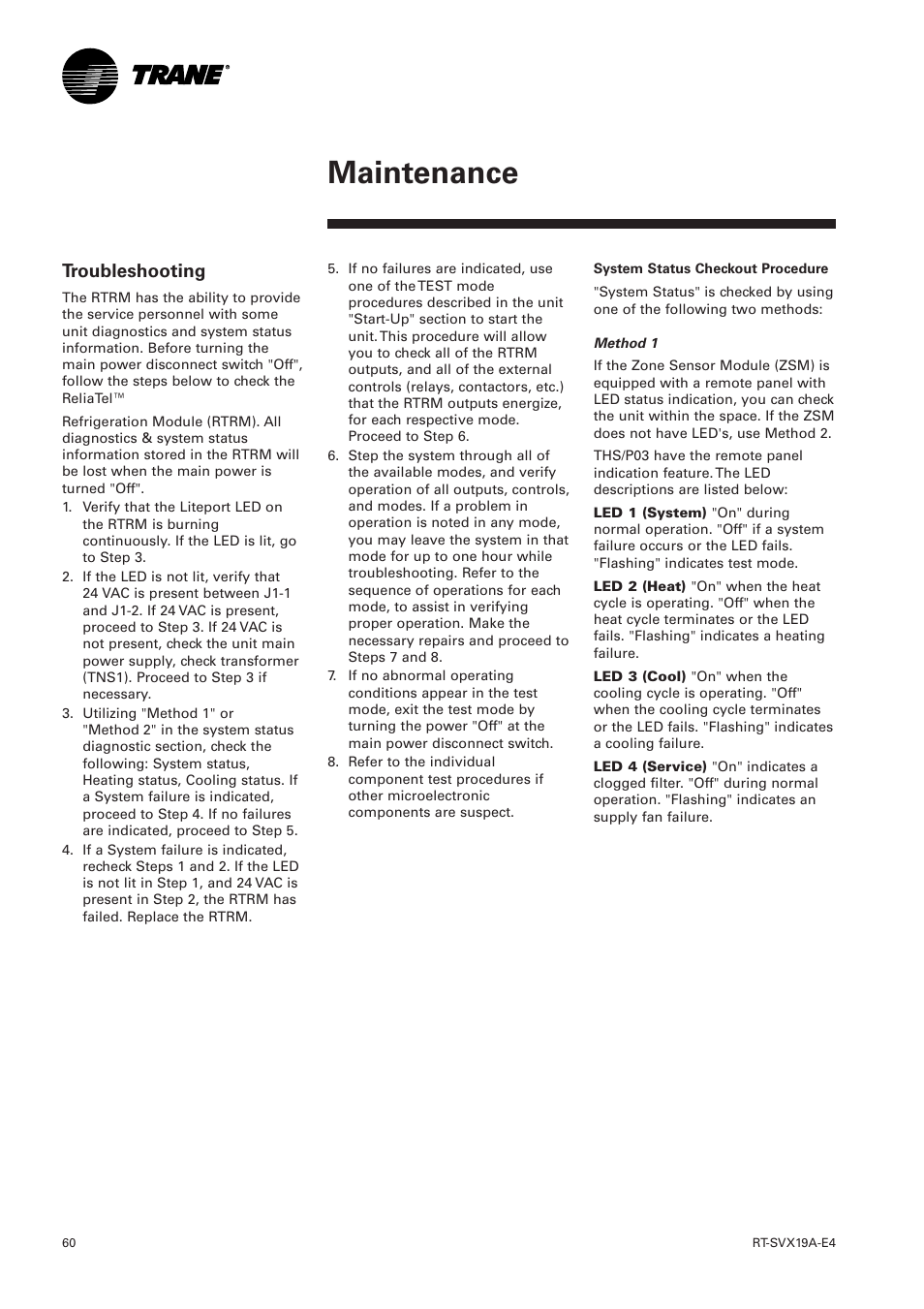 Troubleshooting, Maintenance | Trane RT-SVX19A-E4 User Manual | Page 60 / 64