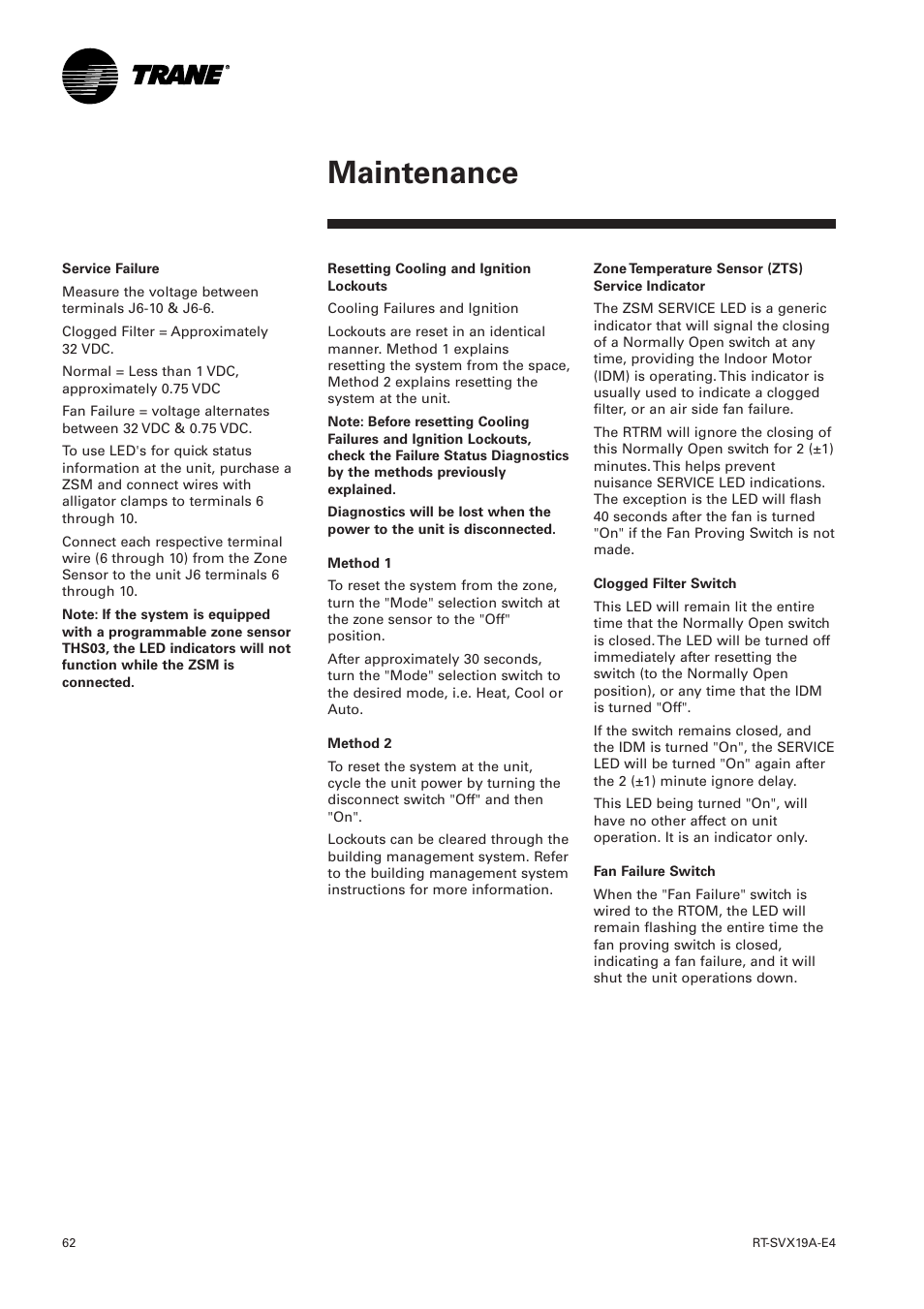 Maintenance | Trane RT-SVX19A-E4 User Manual | Page 62 / 64
