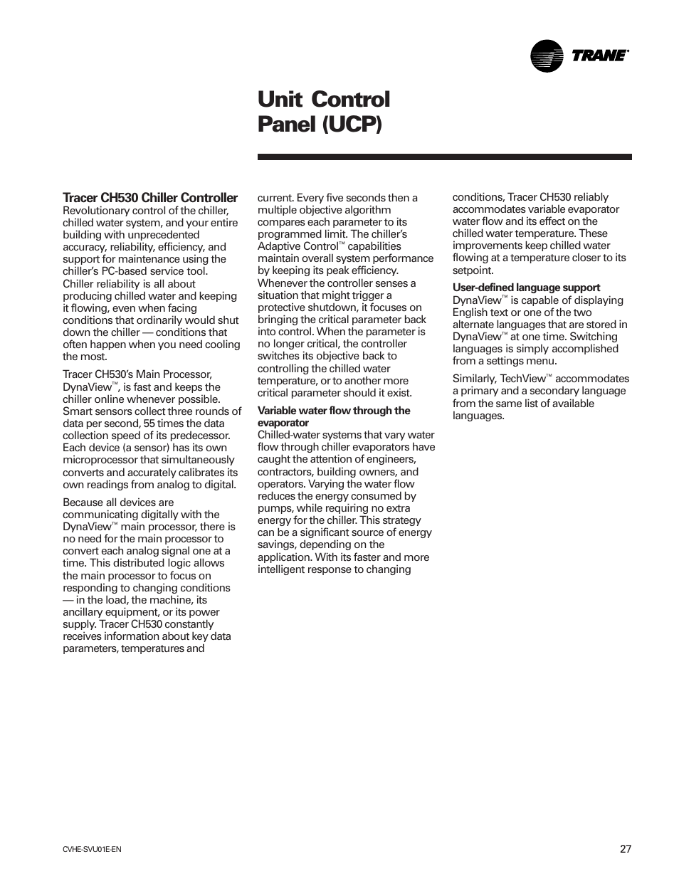 Unit control panel (ucp), Tracer ch530 chiller controller | Trane CVHE-SVU01E-ENX39640712050 User Manual | Page 27 / 112