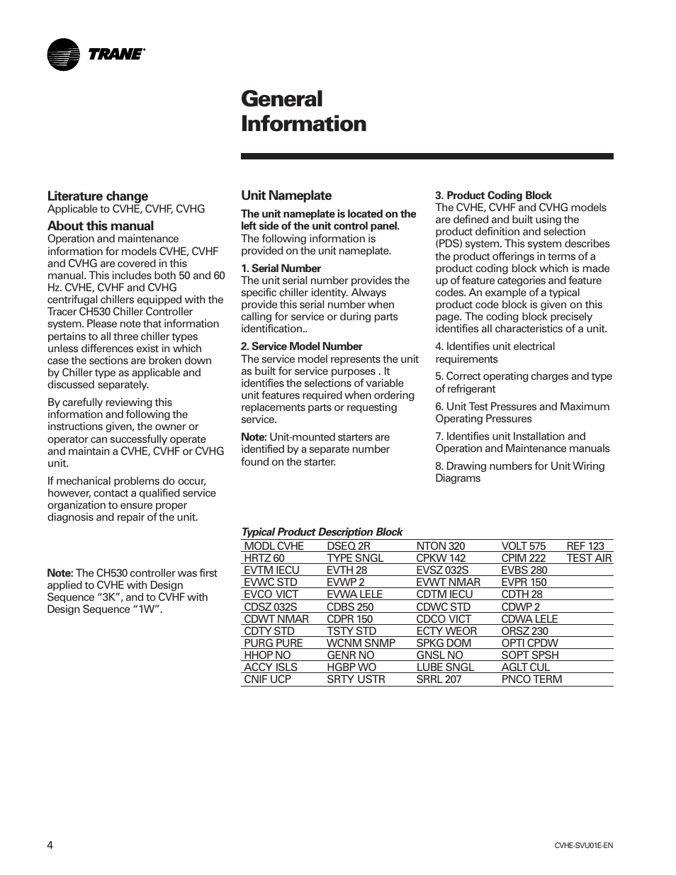 General information | Trane CVHE-SVU01E-ENX39640712050 User Manual | Page 4 / 112