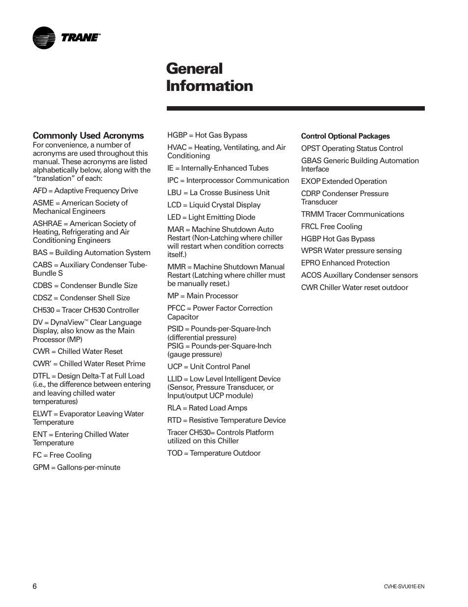 General information | Trane CVHE-SVU01E-ENX39640712050 User Manual | Page 6 / 112
