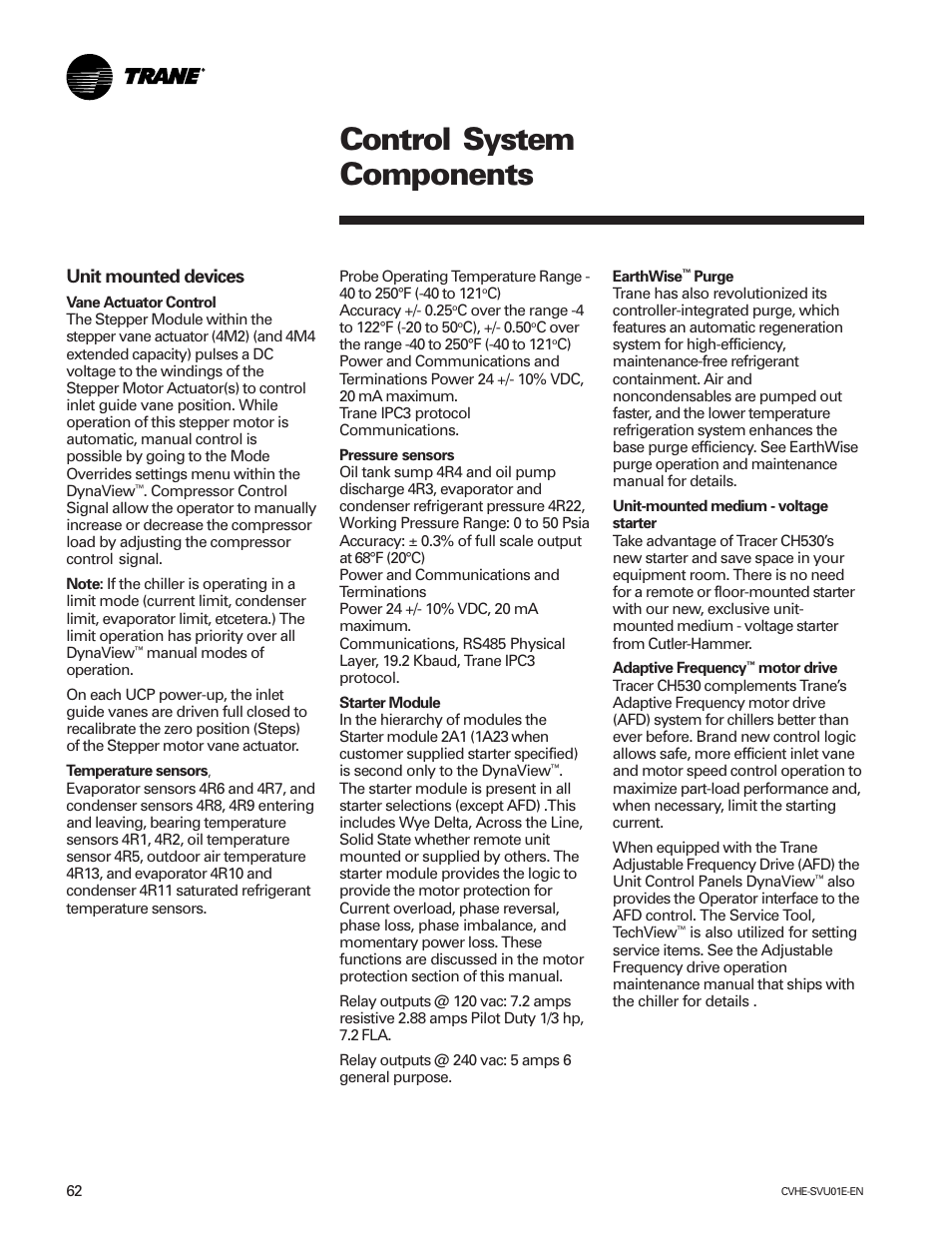 Control system components, Unit mounted devices | Trane CVHE-SVU01E-ENX39640712050 User Manual | Page 62 / 112