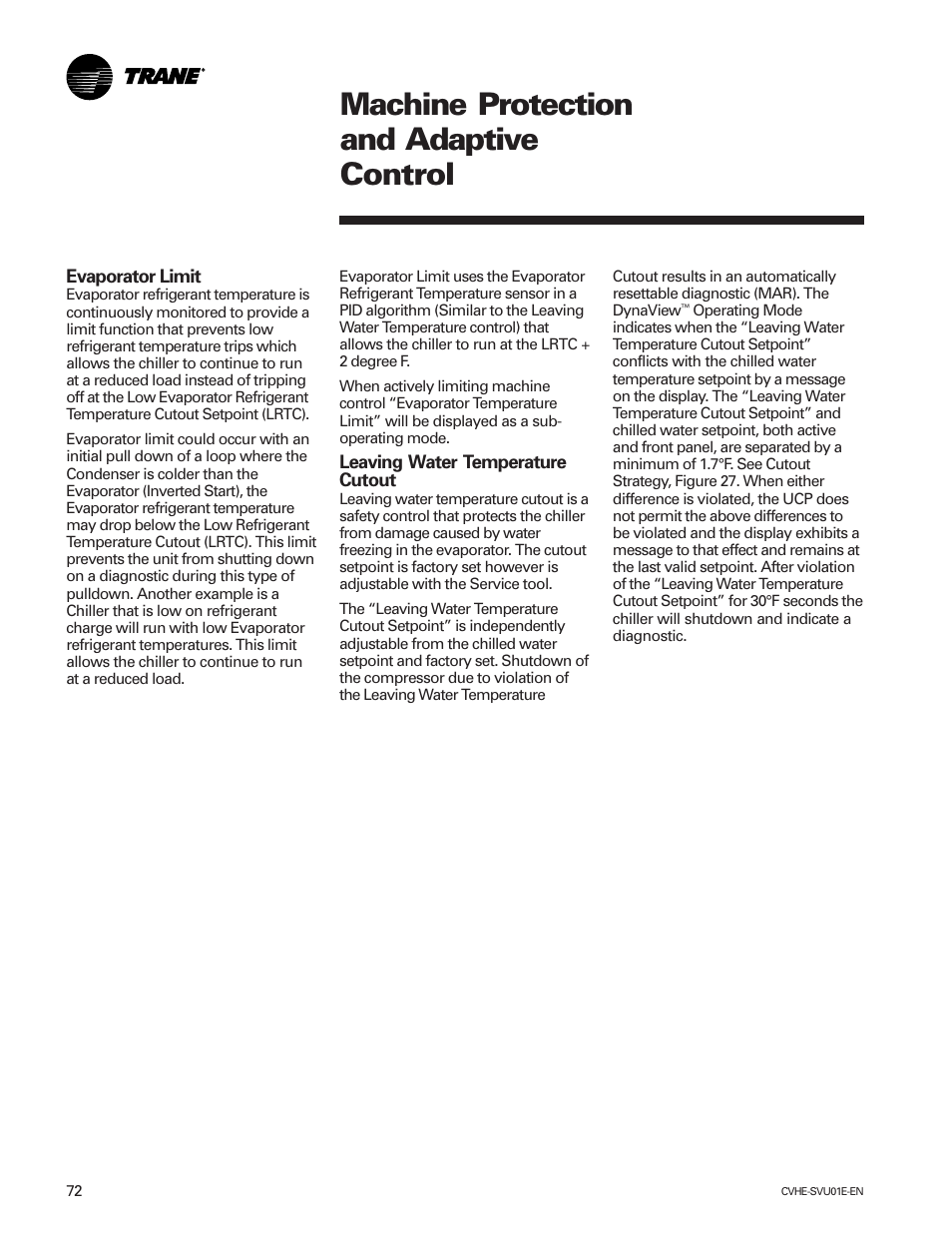 Machine protection and adaptive control | Trane CVHE-SVU01E-ENX39640712050 User Manual | Page 72 / 112