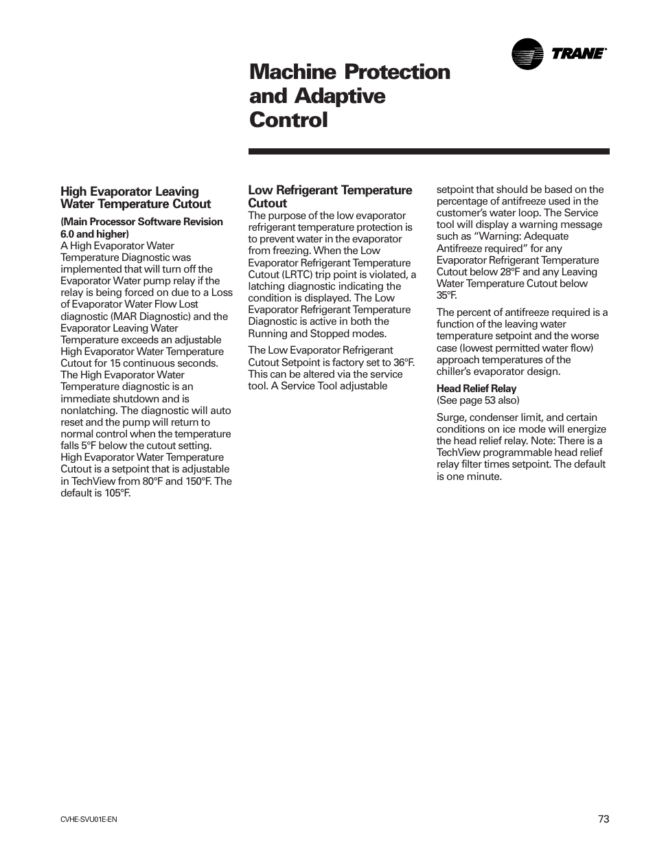 Machine protection and adaptive control | Trane CVHE-SVU01E-ENX39640712050 User Manual | Page 73 / 112