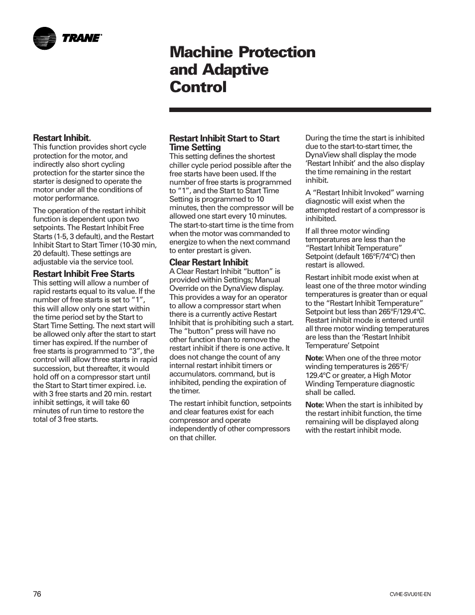 Machine protection and adaptive control | Trane CVHE-SVU01E-ENX39640712050 User Manual | Page 76 / 112