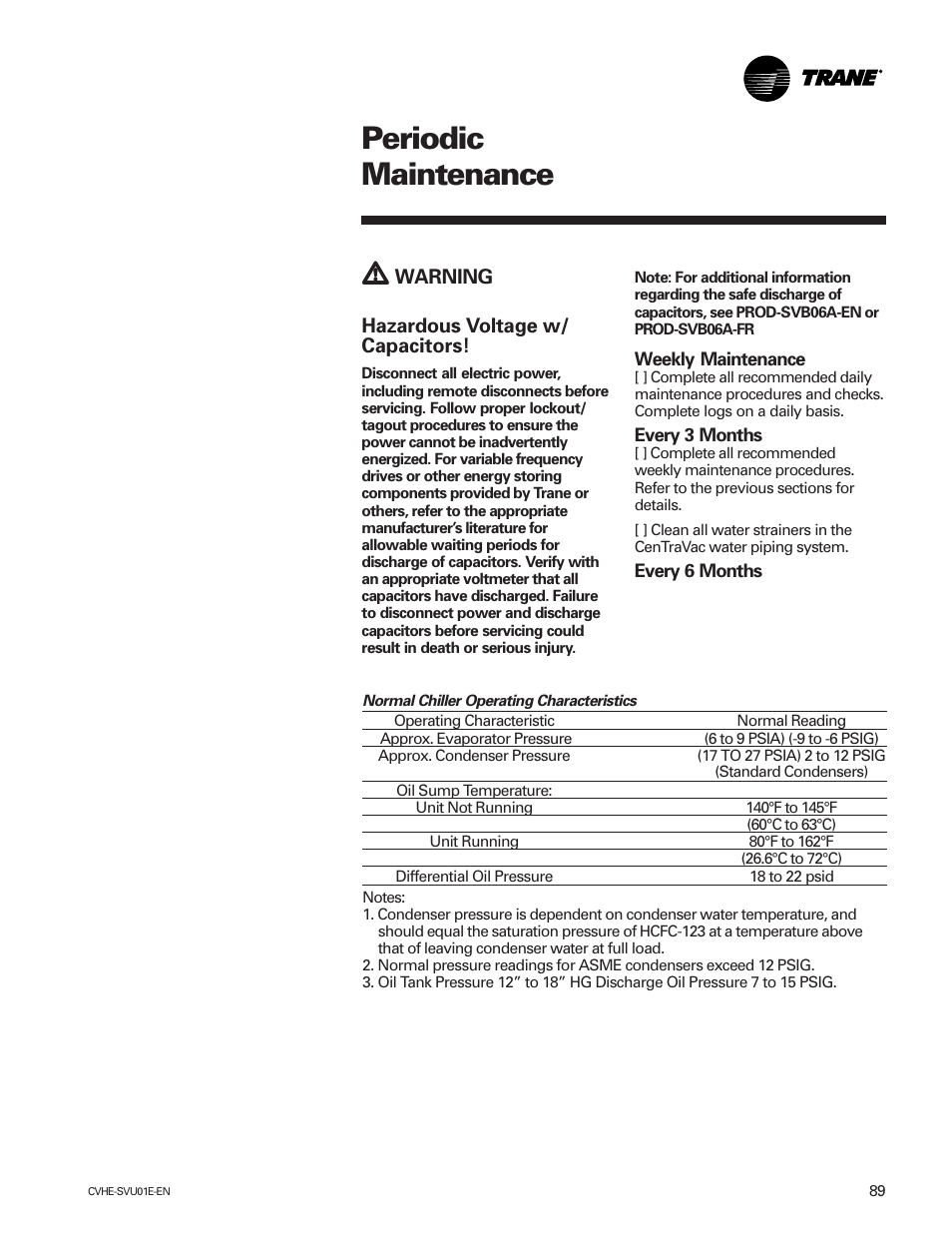 Periodic maintenance | Trane CVHE-SVU01E-ENX39640712050 User Manual | Page 89 / 112