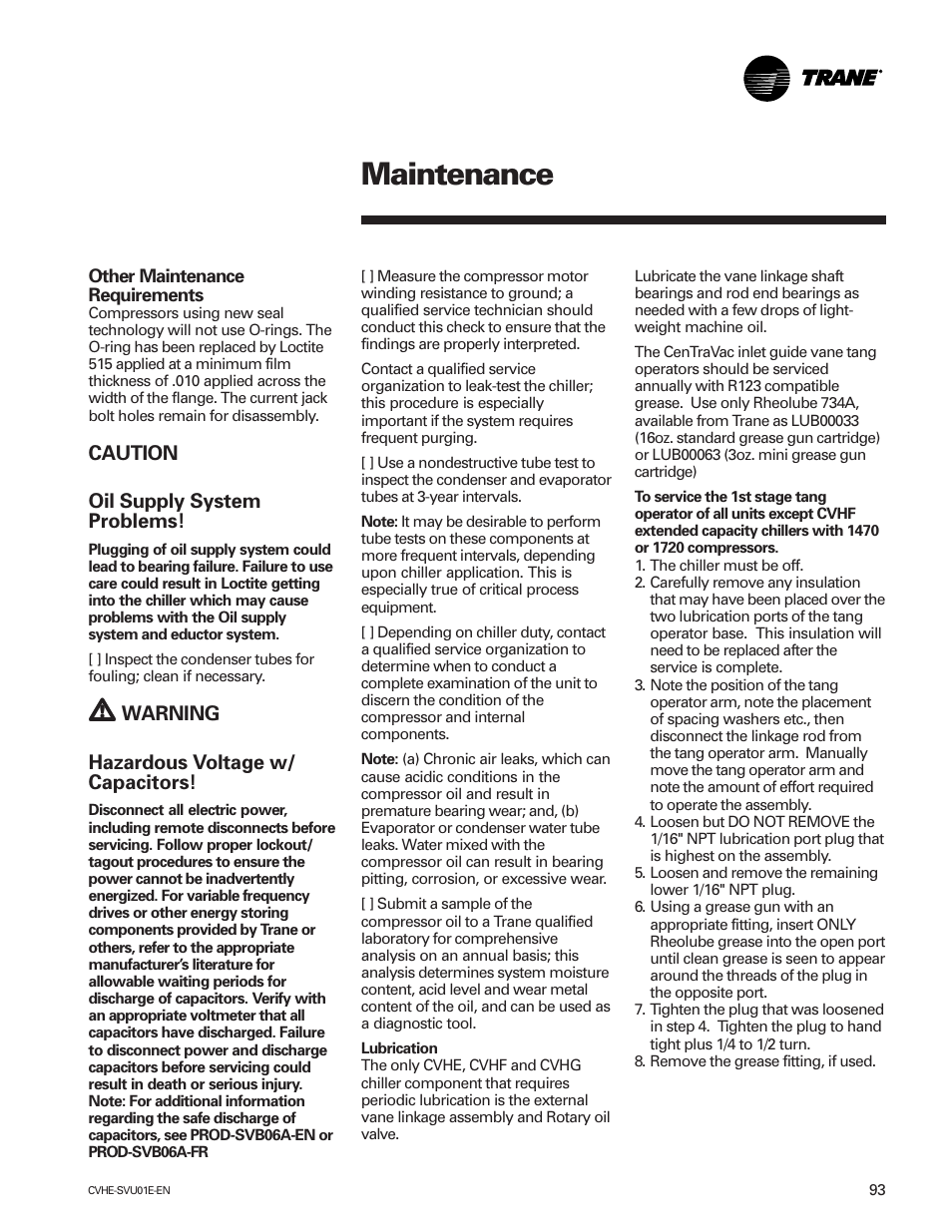 Maintenance | Trane CVHE-SVU01E-ENX39640712050 User Manual | Page 93 / 112