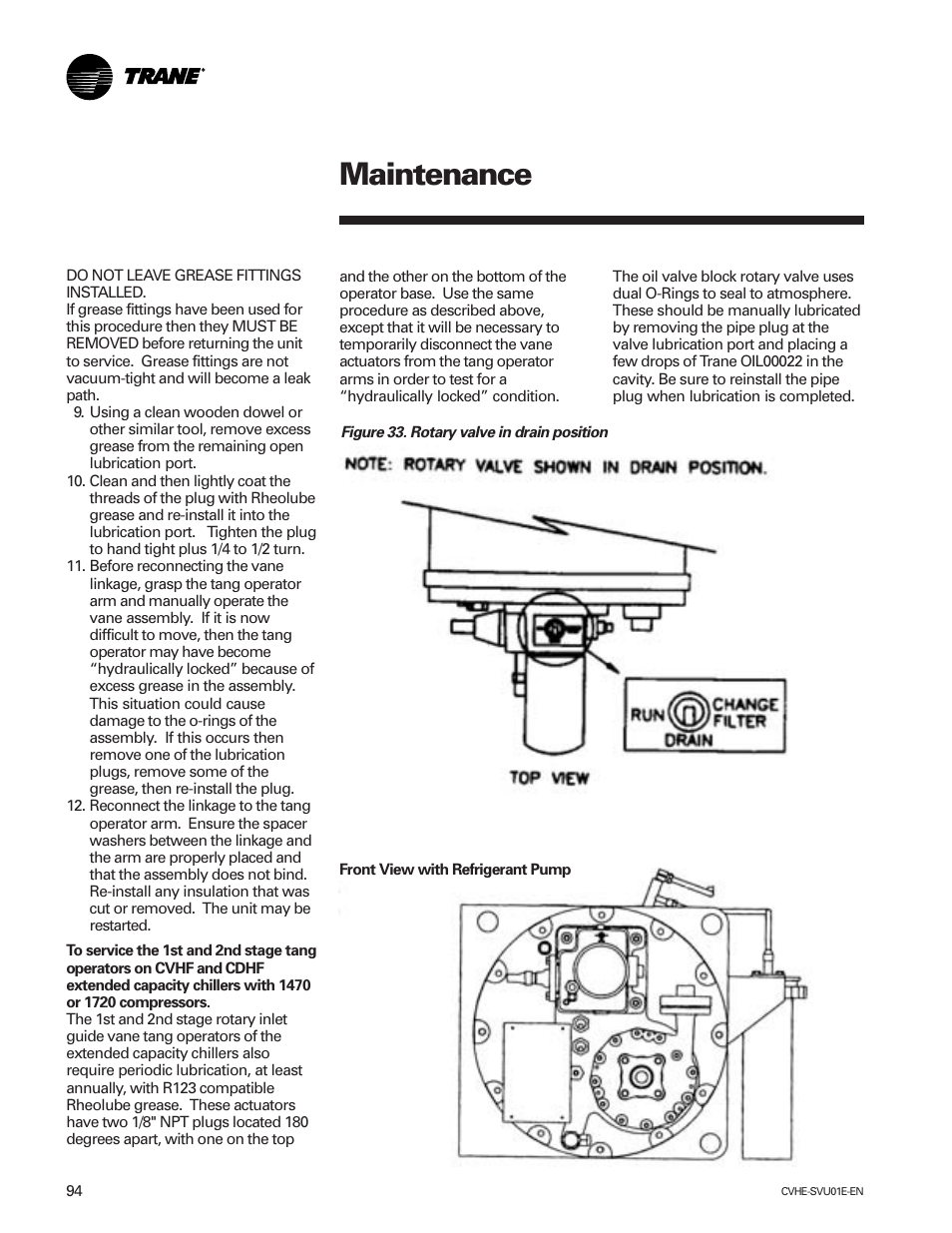 Maintenance | Trane CVHE-SVU01E-ENX39640712050 User Manual | Page 94 / 112