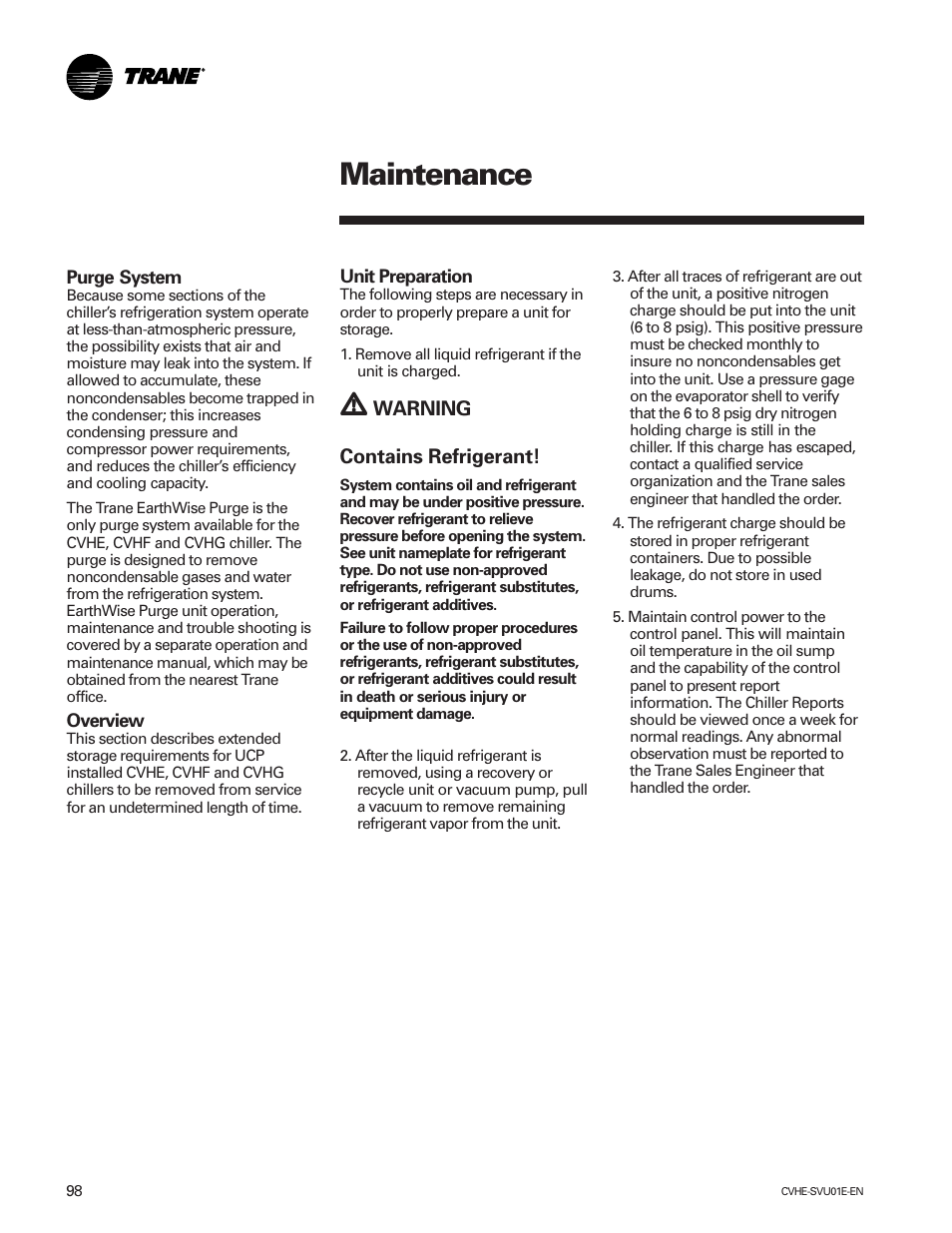 Maintenance | Trane CVHE-SVU01E-ENX39640712050 User Manual | Page 98 / 112