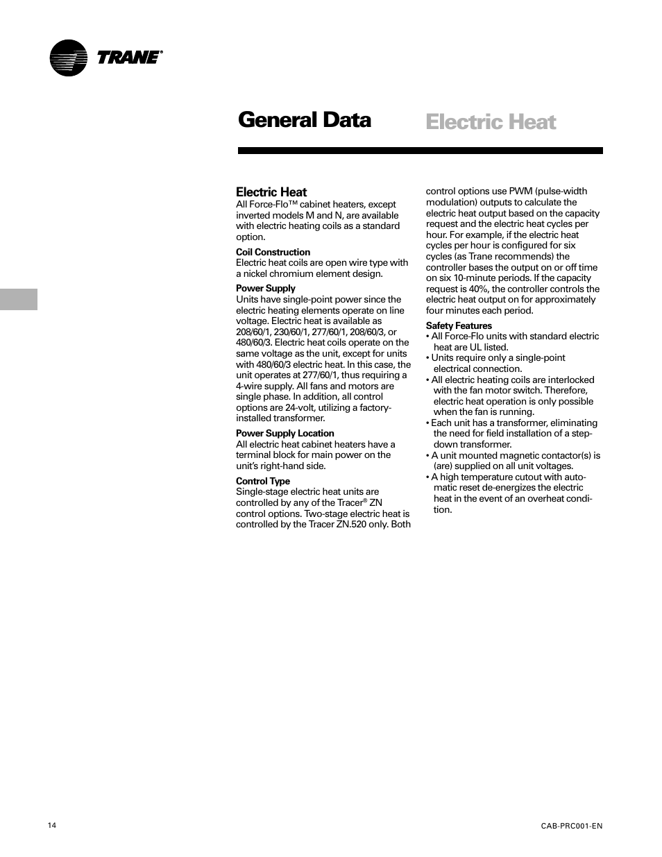 General data, Electric heat | Trane CAB-PRC001-EN User Manual | Page 14 / 56