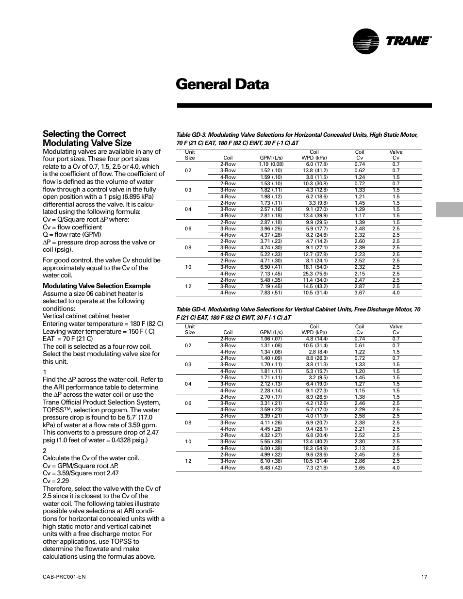 General data, Selecting the correct modulating valve size | Trane CAB-PRC001-EN User Manual | Page 17 / 56