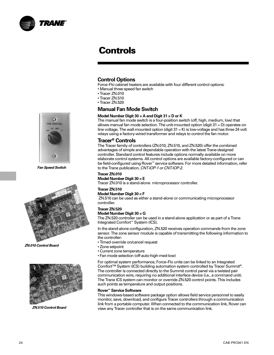 Controls, Control options, Manual fan mode switch | Tracer | Trane CAB-PRC001-EN User Manual | Page 24 / 56