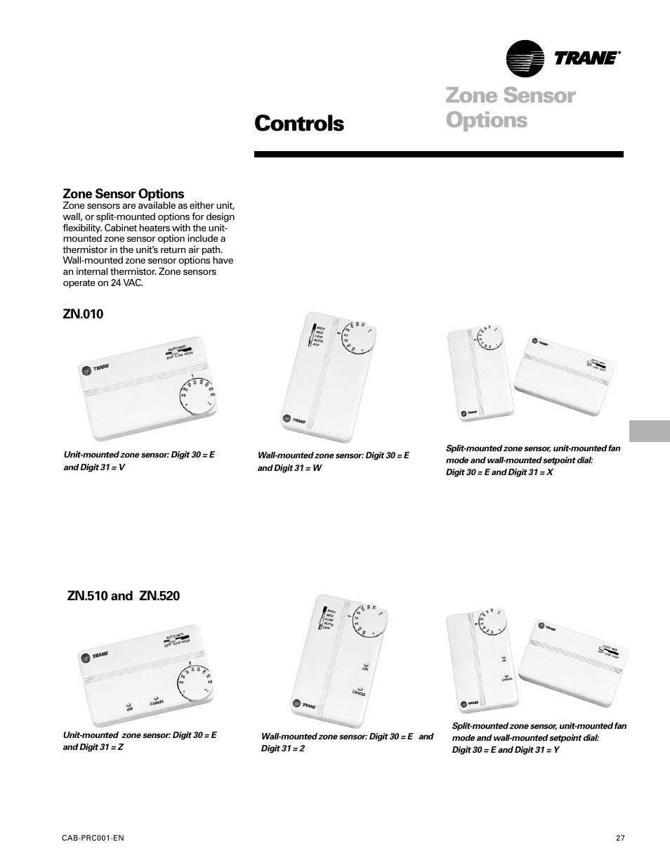 Controls, Zone sensor options | Trane CAB-PRC001-EN User Manual | Page 27 / 56