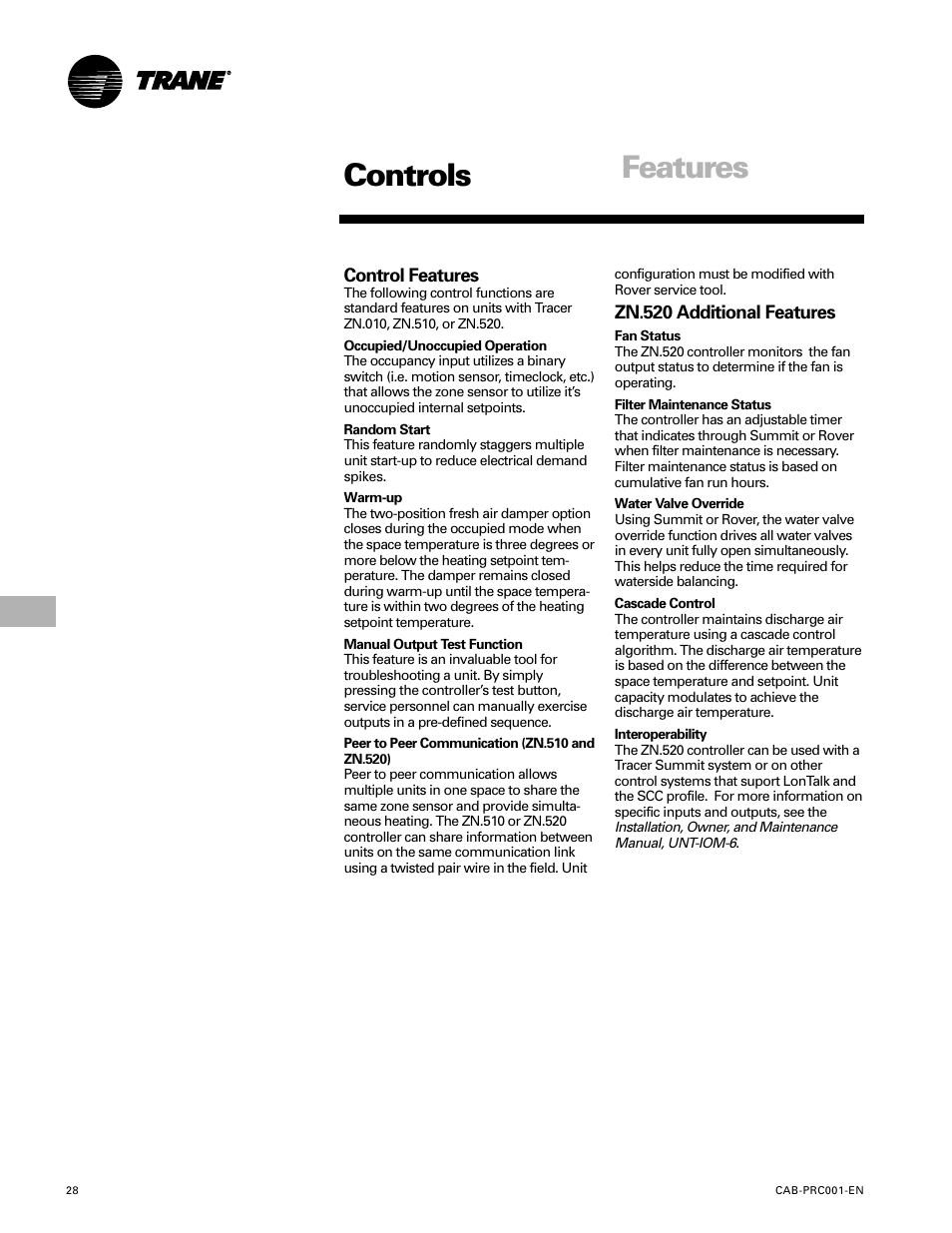 Controls, Features | Trane CAB-PRC001-EN User Manual | Page 28 / 56