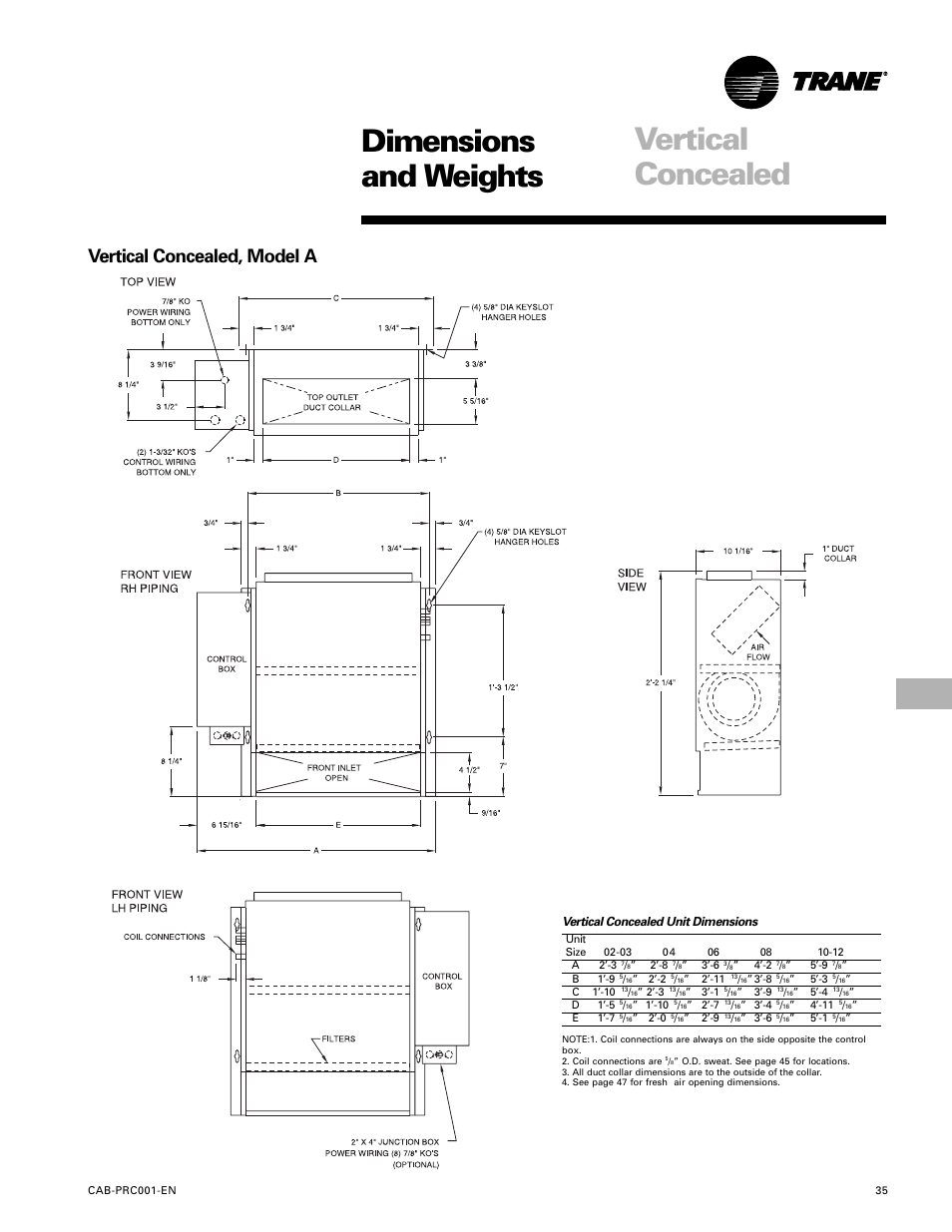 Dimensions and weights, Vertical concealed, Vertical concealed, model a | Trane CAB-PRC001-EN User Manual | Page 35 / 56