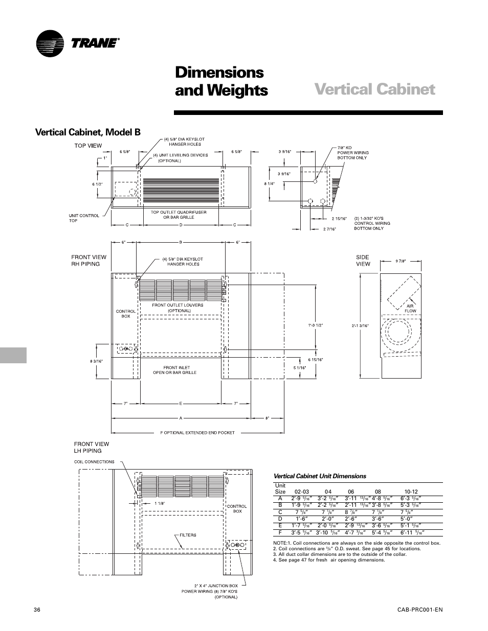 Dimensions and weights, Vertical cabinet, Vertical cabinet, model b | Trane CAB-PRC001-EN User Manual | Page 36 / 56