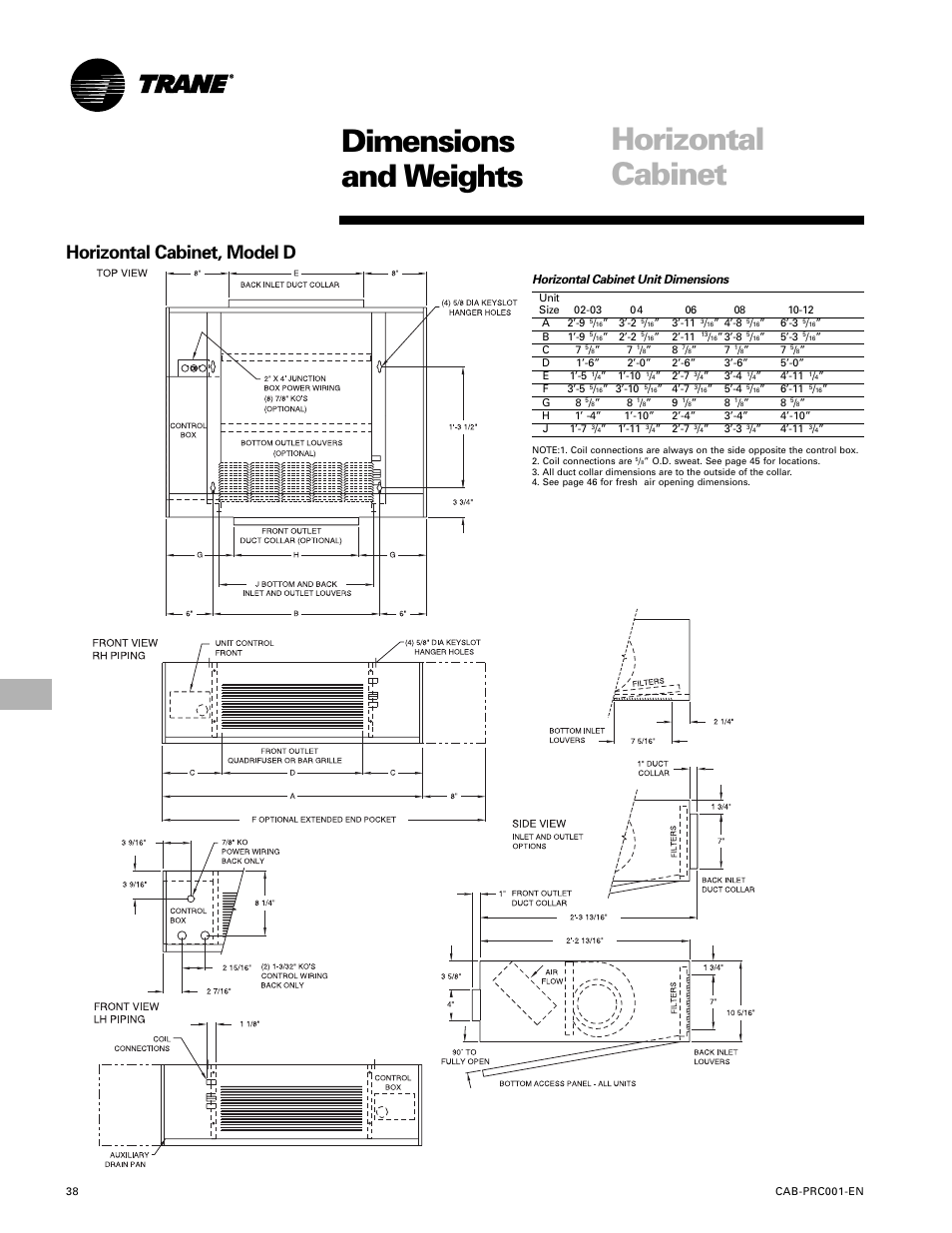 Dimensions and weights, Horizontal cabinet, Horizontal cabinet, model d | Trane CAB-PRC001-EN User Manual | Page 38 / 56