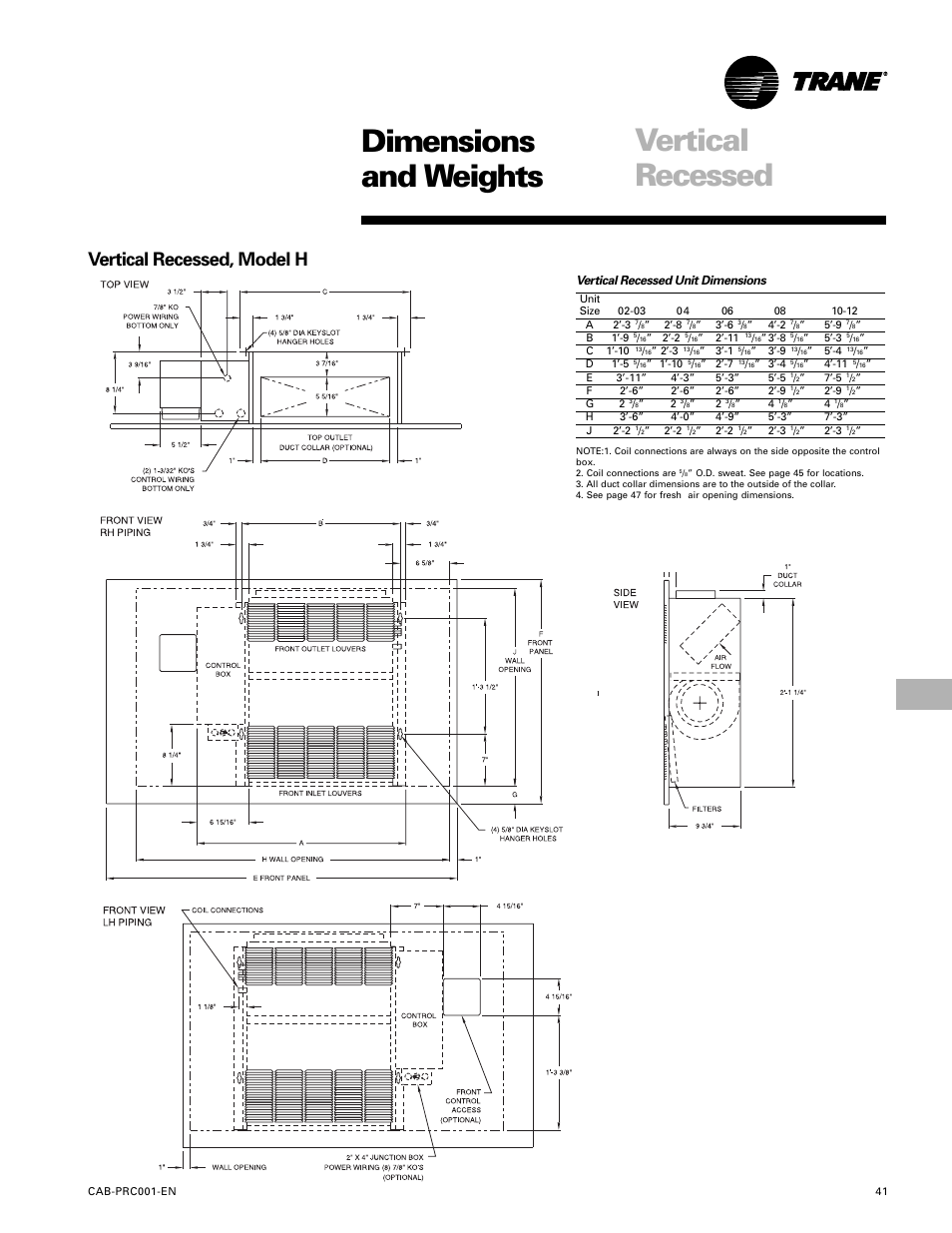 Dimensions and weights, Vertical recessed, Vertical recessed, model h | Trane CAB-PRC001-EN User Manual | Page 41 / 56