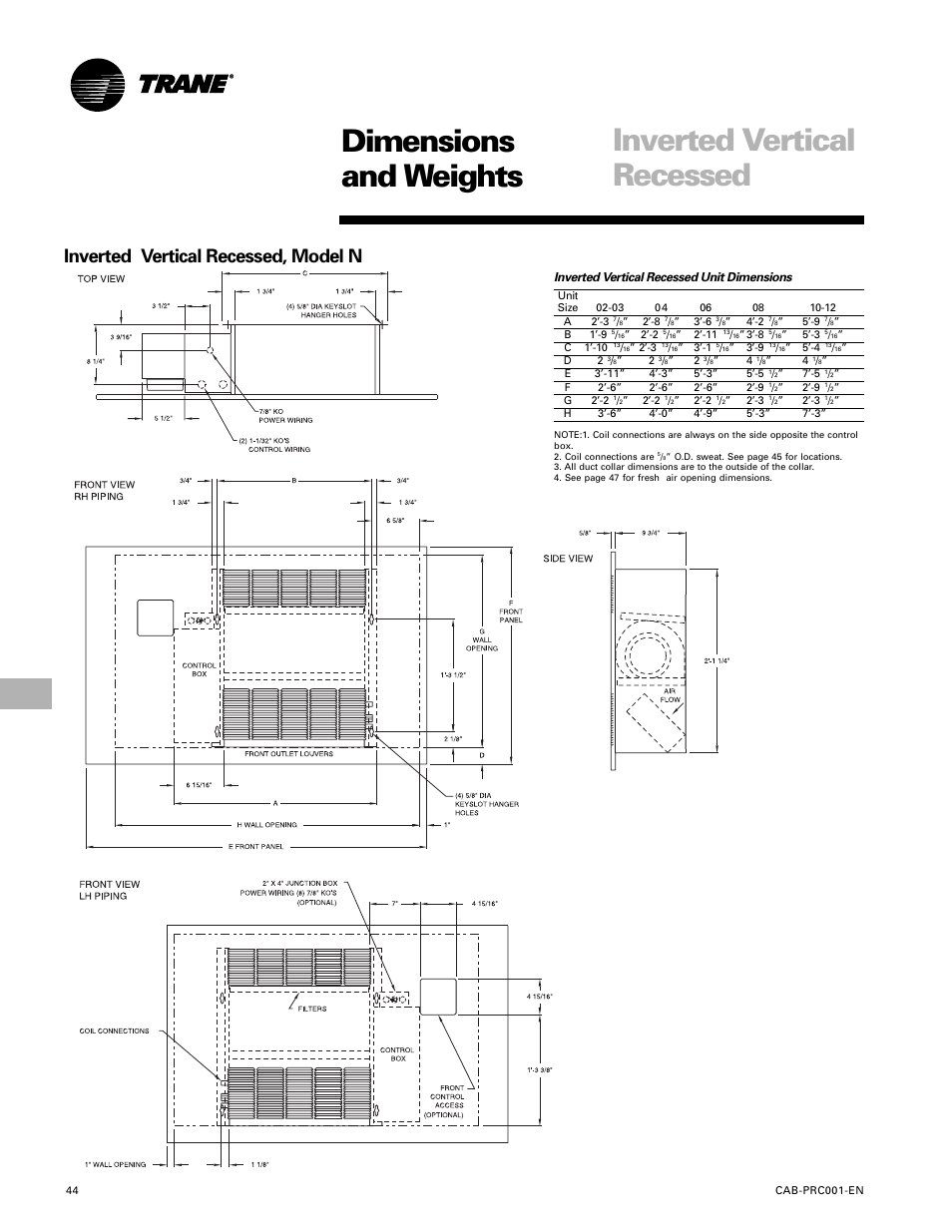 Dimensions and weights, Inverted vertical recessed, Inverted vertical recessed, model n | Trane CAB-PRC001-EN User Manual | Page 44 / 56