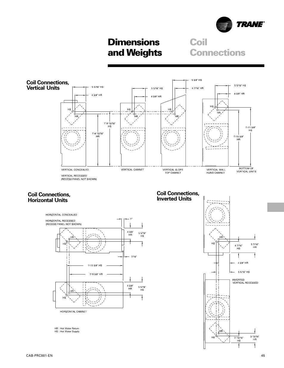 Dimensions and weights, Coil connections | Trane CAB-PRC001-EN User Manual | Page 45 / 56