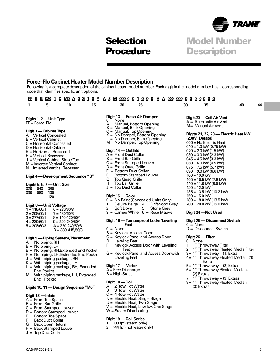 Selection procedure, Model number description, Force–flo cabinet heater model number description | Trane CAB-PRC001-EN User Manual | Page 5 / 56