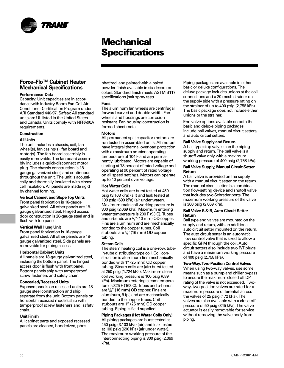 Mechanical specifications | Trane CAB-PRC001-EN User Manual | Page 50 / 56